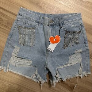 Cider Blue Denim high waist Shorts with Fringe Detail size: xl country girl
